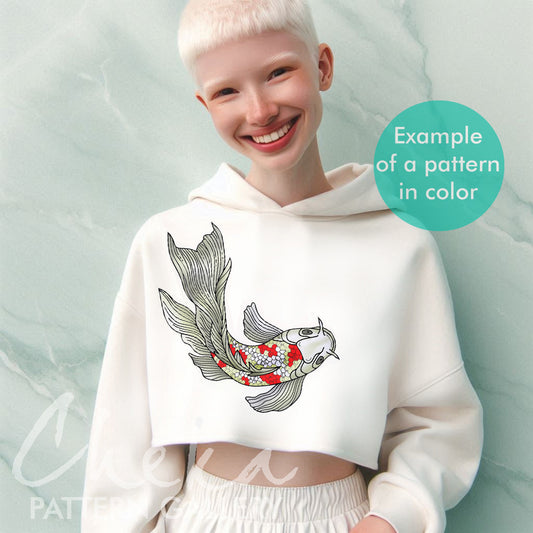 hoodie< Japanese carp, digital embroidery pattern, beutiful fish pattern, pattern for hand embroidery PDF, Chinese carp embroidery pattern PDF