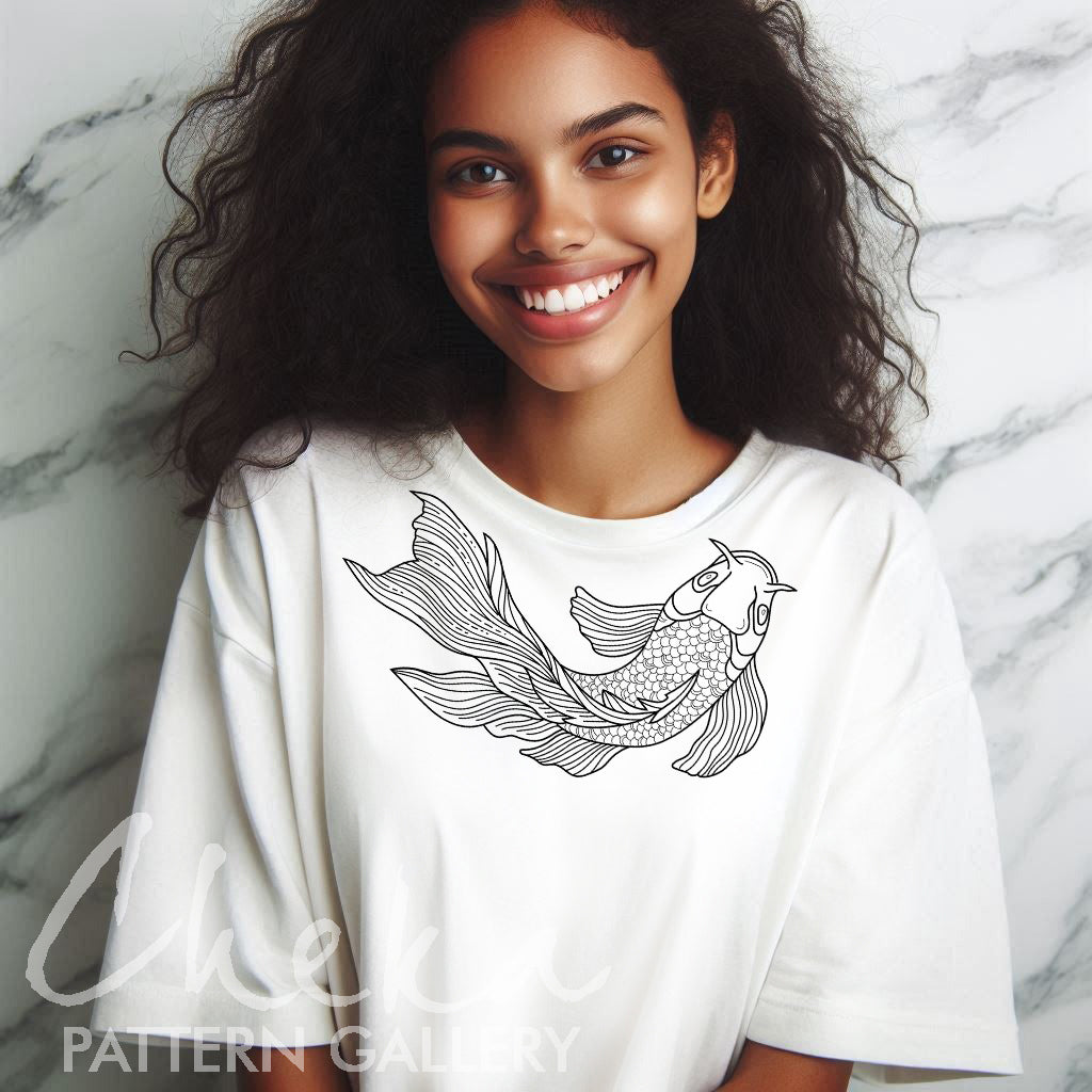 fish t-shirt, Japanese carp, digital embroidery pattern, beutiful fish pattern, pattern for hand embroidery PDF, Chinese carp embroidery pattern PDF