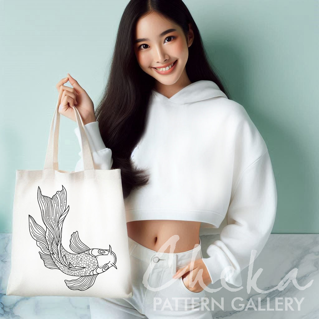 shopper, Japanese carp, digital embroidery pattern, beutiful fish pattern, pattern for hand embroidery PDF, Chinese carp embroidery pattern PDF