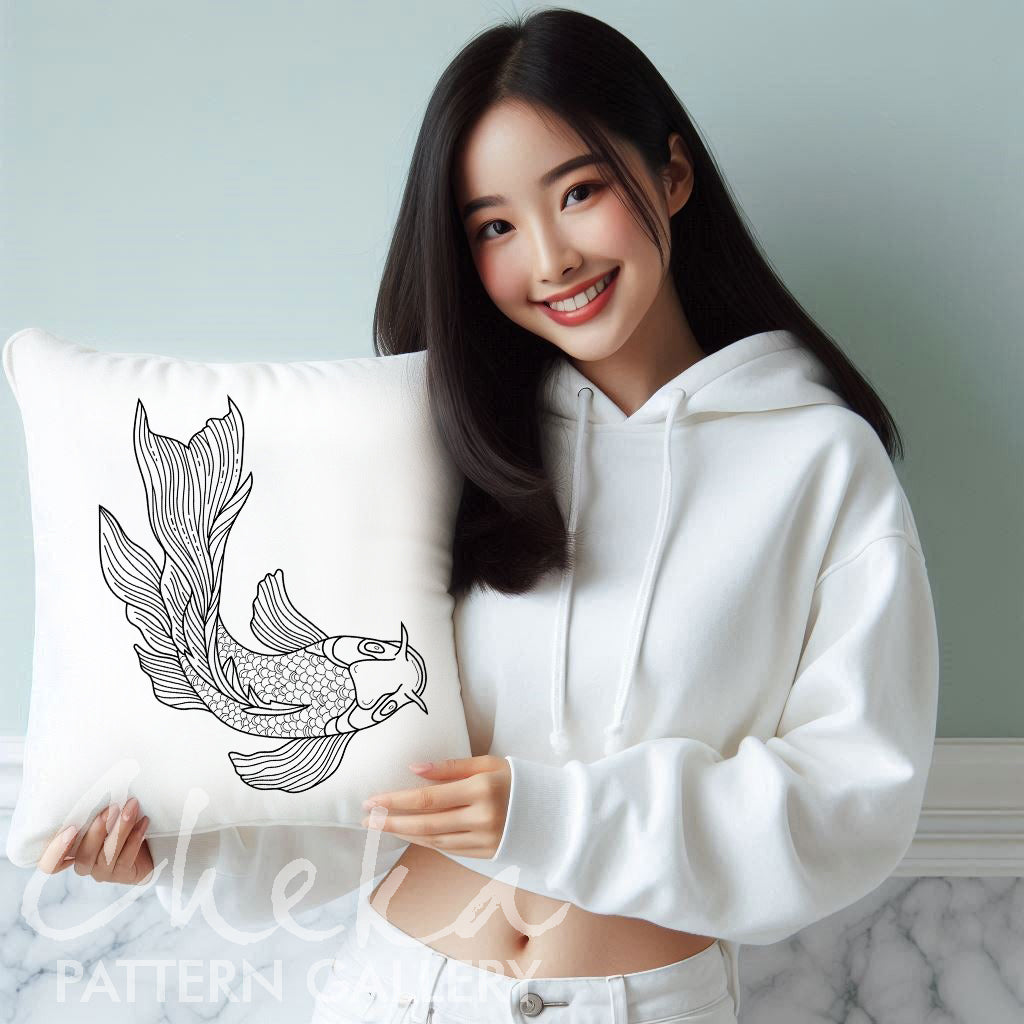 pillow with fish pattern, Japanese carp, digital embroidery pattern, beutiful fish pattern, pattern for hand embroidery PDF, Chinese carp embroidery pattern PDF
