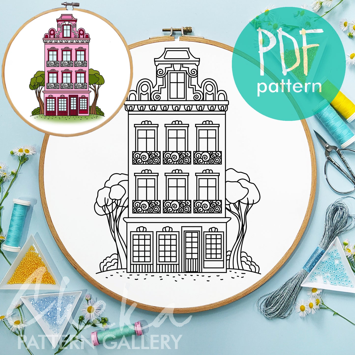 Amsterdam house template, House embroidery pattern, Hand embroidery pattern PDF. Modern hoop art, cute embroidery. Handmade embroidery PDF