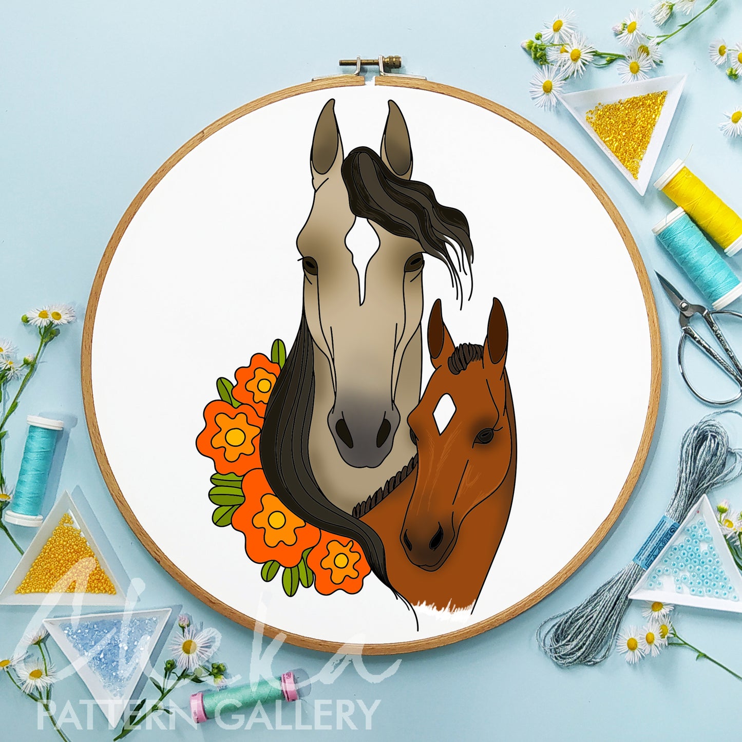 Mare with a foal, hand embroidery pattern. Cute horse portrait. Horse embroidery template. Simple embroidery pattern. Horse digital portrait