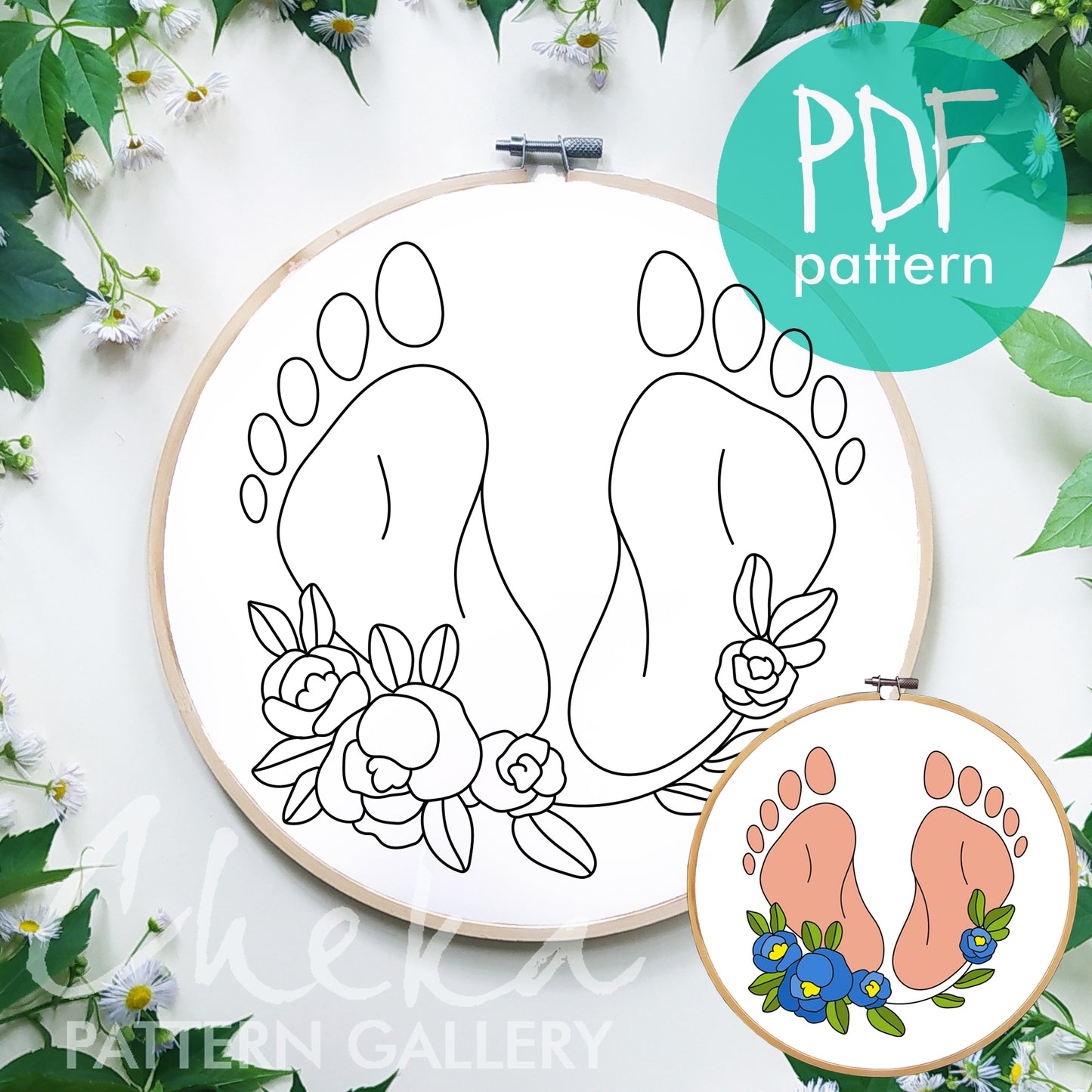 Pregnancy hoop art. Baby's feet, hand embroidery PDF pattern Baby feet with flowers, newborn gift, Personalized gift for the newborn's mom.