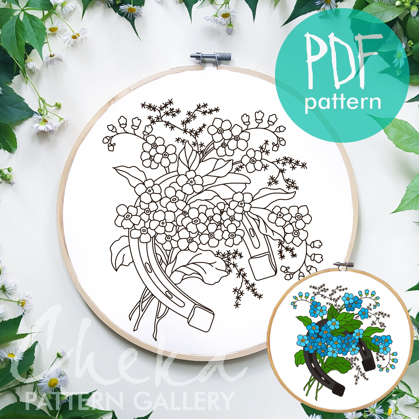 Horseshoe with Forget-me-nots, spring project, horseshoe PDF hand embroidery pattern , symbol of wealth and well-being. Horseshoe template