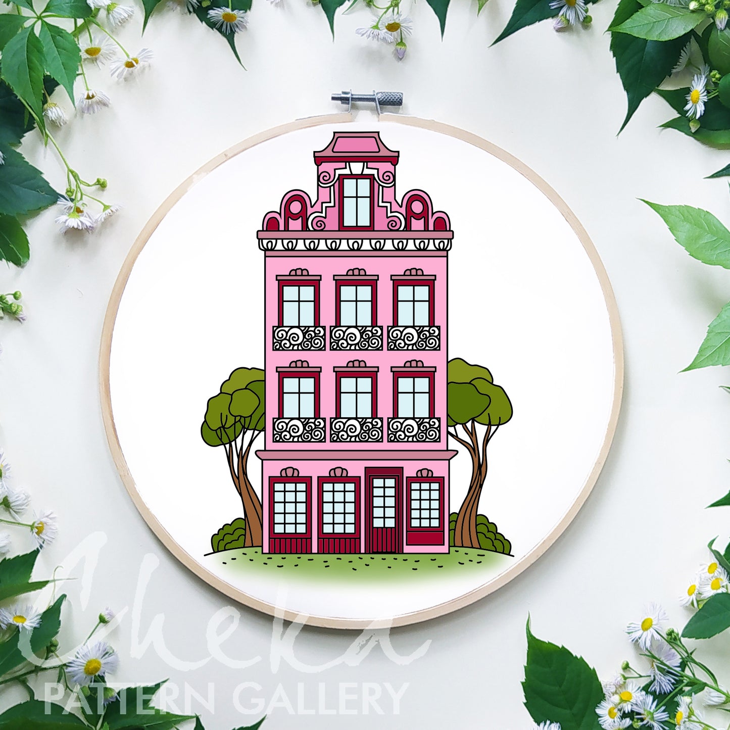 Amsterdam house template, House embroidery pattern, Hand embroidery pattern PDF. Modern hoop art, cute embroidery. Handmade embroidery PDF