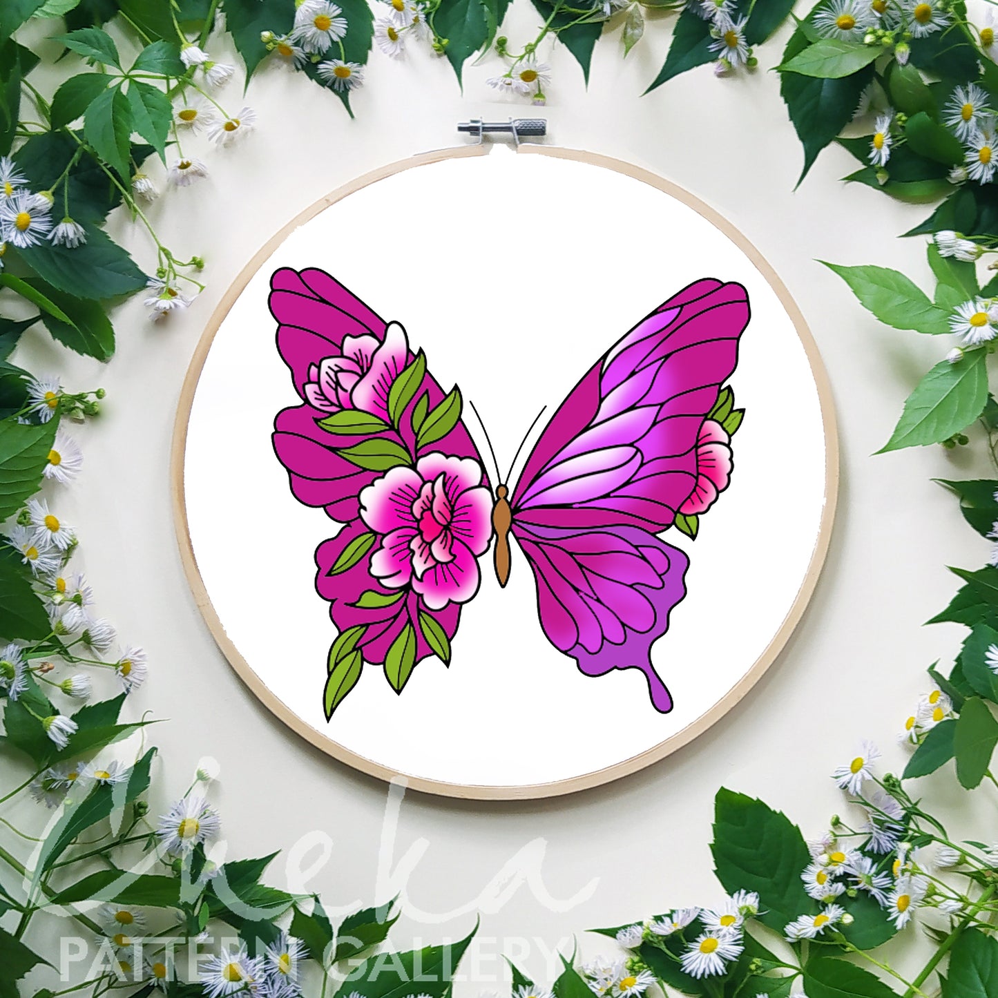 Butterfly embroidery pattern, embroidery pattern on clothes. Butterfly with flowers, hand embroidery pattern. Butterfly Female Embroidery