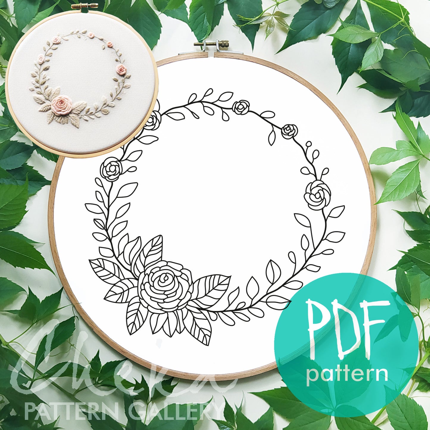 Floral wreath with roses & leaves. Classic pattern for hand embroidery with roses. Simple embroidery pattern PDF , Beginner embroidery.