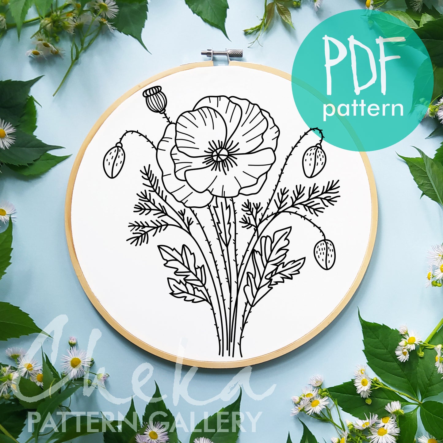 Poppy Embroidery bundle, set of 6 floral hand embroidery patterns. Embroidery patterns with red field poppy, floral embroidery, hoop art