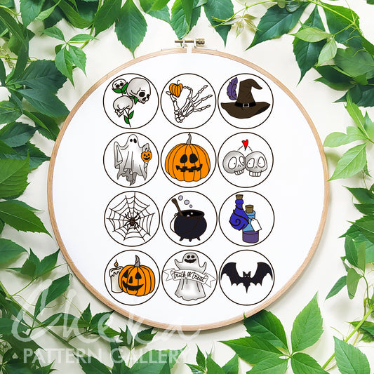 Tiny Halloween embroidery with pumpkins, ghosts and bats. Embroidery bundle, set of 12 small embroidery patterns. Spooky season embroidery