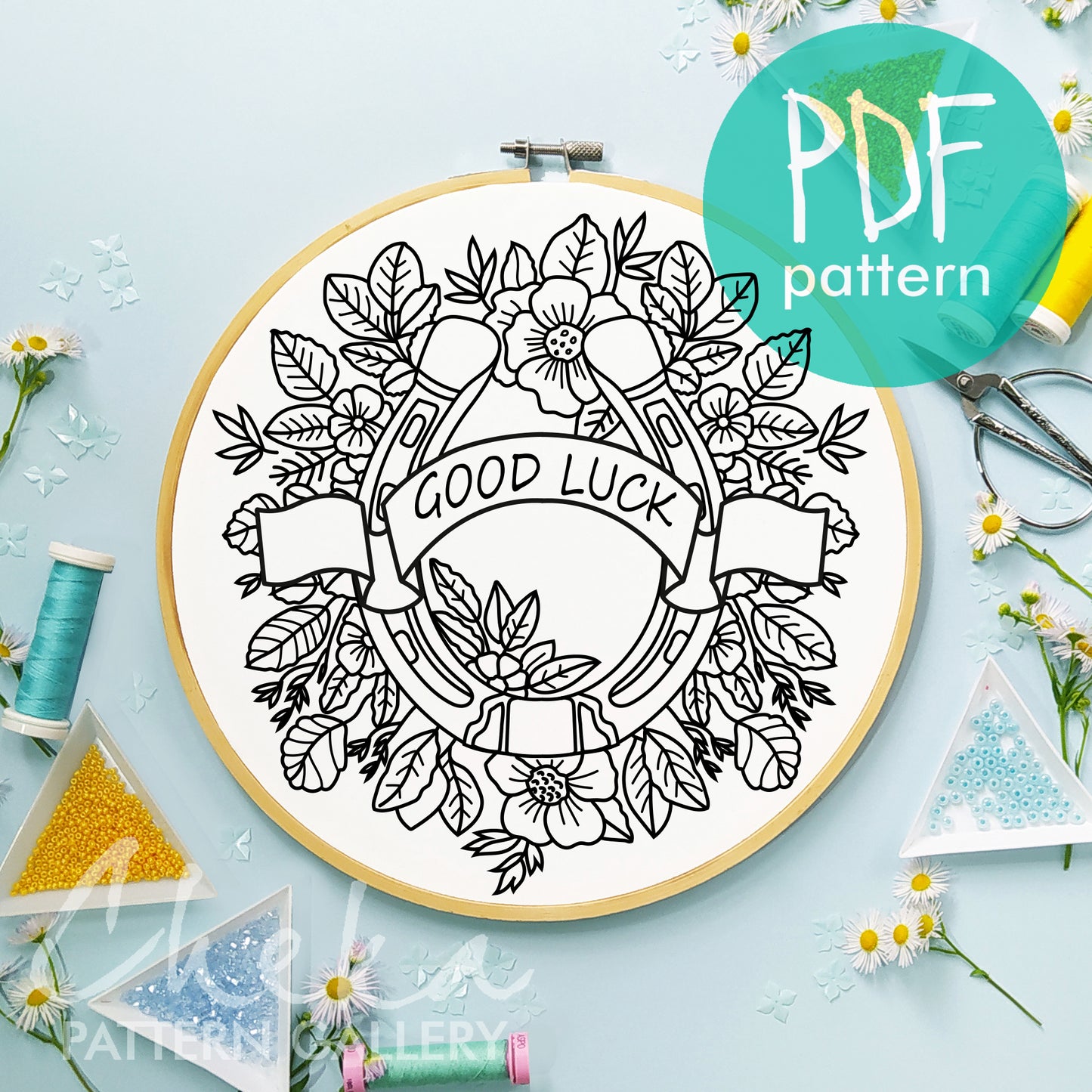 Horseshoe with flowers, a gift for a horse lover,PDF pattern for hand embroidery in the form of a horseshoe,symbol of wealth and well-being
