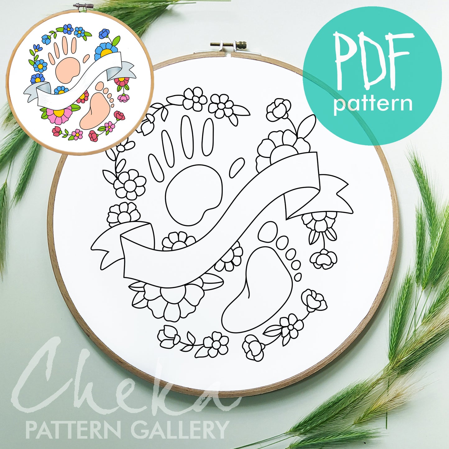 Pregnancy hoop art. Baby's feet and hand, embroidery pattern. Baby feet with flowers, newborn gift, Personalized gift for the newborn's mom