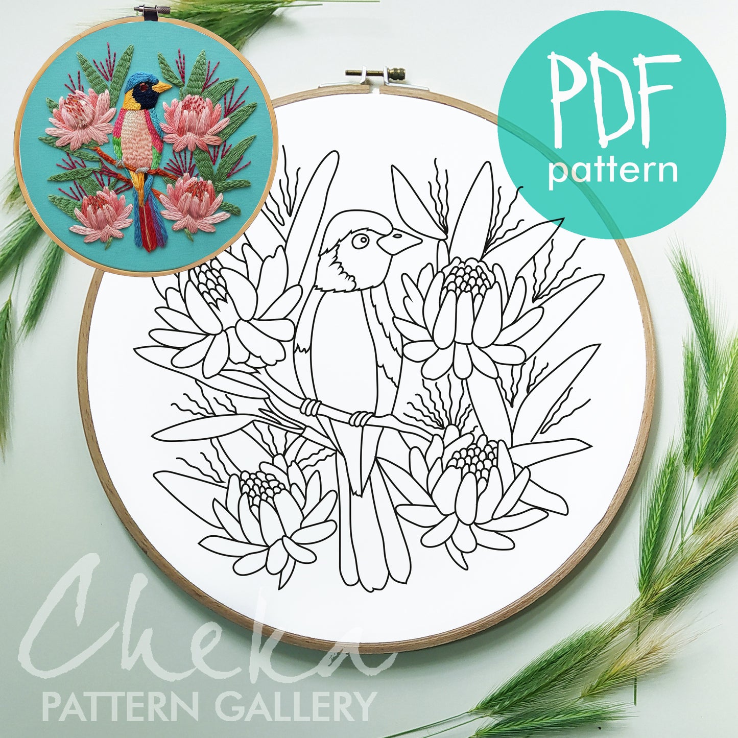 Bird embroidery pattern, Tiny Bird Hand Embroidery Pattern, PDF Download, Floral ornament, Modern Hoop Art. Bird among tropical flowers