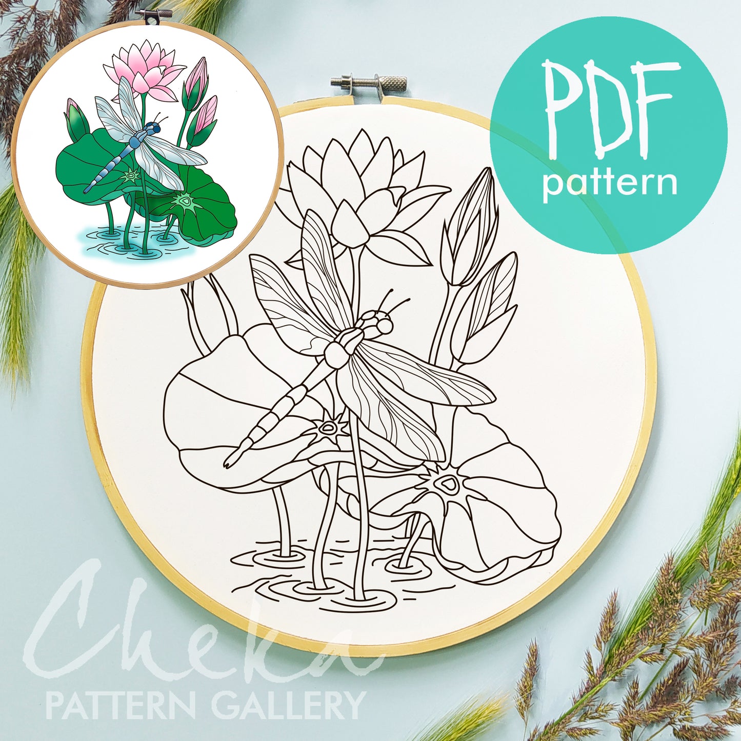 Dragonfly and water lilies, hand embroidery pattern. Pink lilies, hand embroidery design. Blue dragonfly with flowers. Embroidery scheme PDF