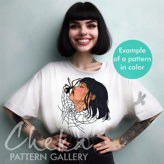 gothic t-shirt, Gothic pattern. The girl with the spider, embroidery for Halloween. Gothic pattern for hand embroidery. The Kiss of Death