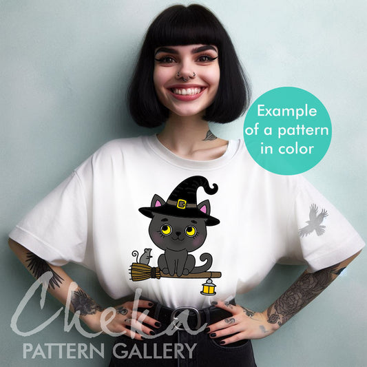The Witch's Cat, Hand Embroidery Pattern, Autumn Embroidery Pattern, Witch's Cat pattern. Halloween embroidery, magical witch animal, cute cat
