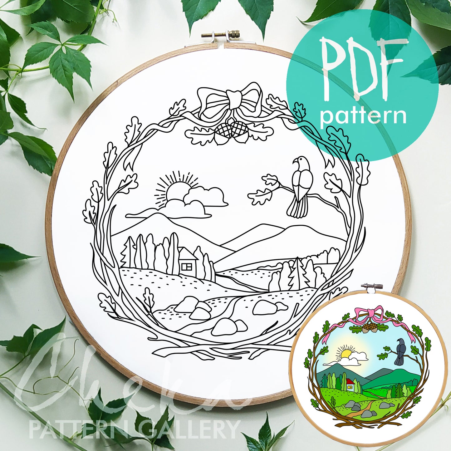 Forest Embroidery Pattern, Landscape template. Embroidery project, Nature Embroidery Pattern PDF, Simple Embroidery, Floral embroidery PDF