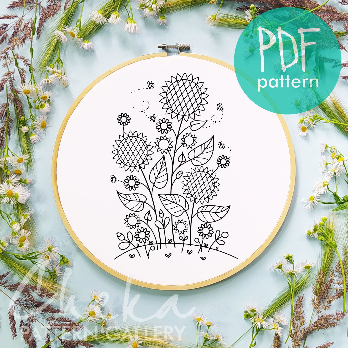 Sunflower Embroidery bundle, set of 4 floral hand embroidery patterns. Embroidery patterns with sunflowers. Digital embroidery bundle