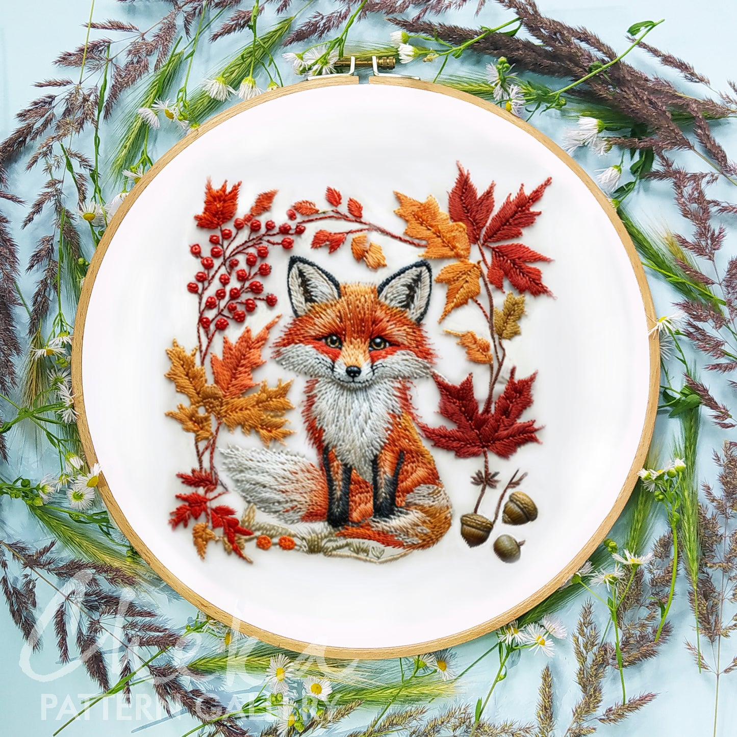 Fox among leaves pattern. Cute baby fox, hand embroidery pattern. Fox pattern, forest animal portrait. Fox lover gift, embroidery pattern