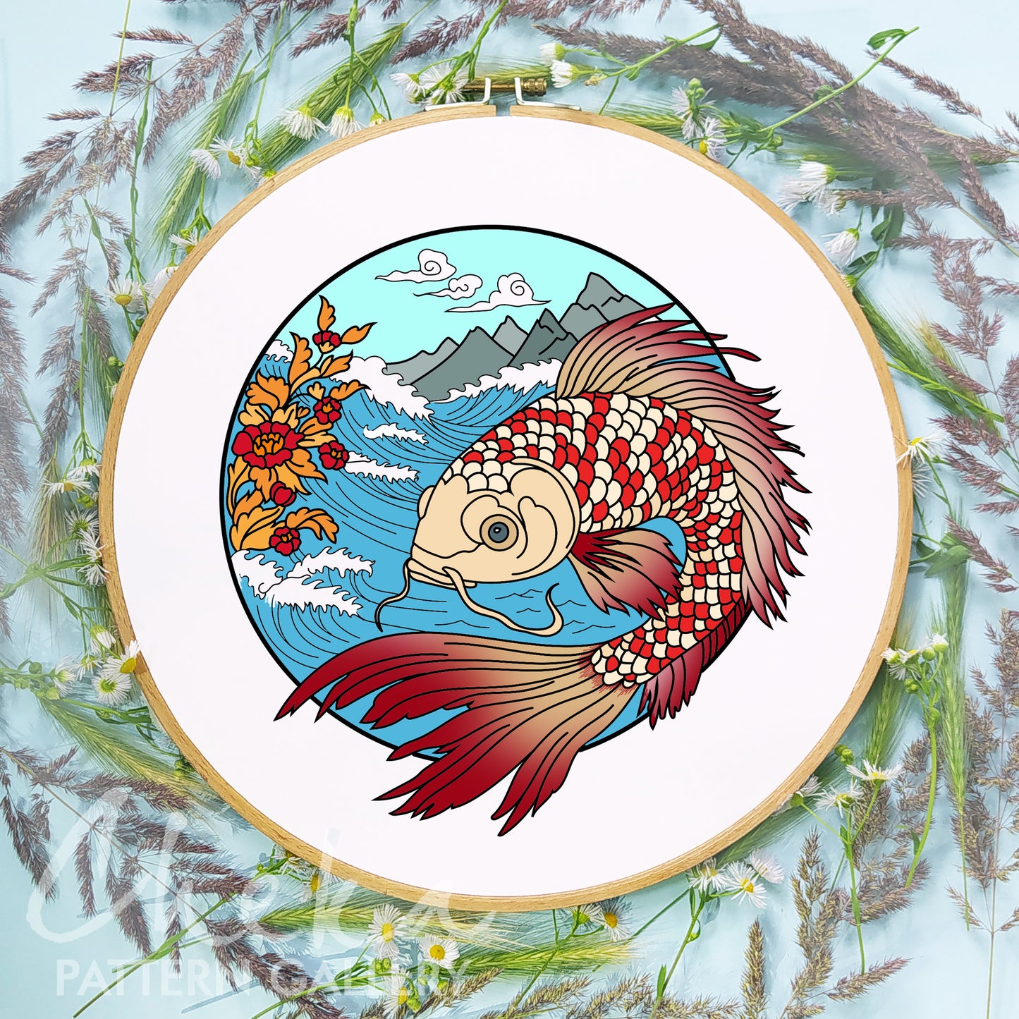 Koi Fish Embroidery, Fish Embroidery Template. Koi Fish Embroidery Pattern, PDF Download Hand Embroidery. Japanese embroidery design PDF