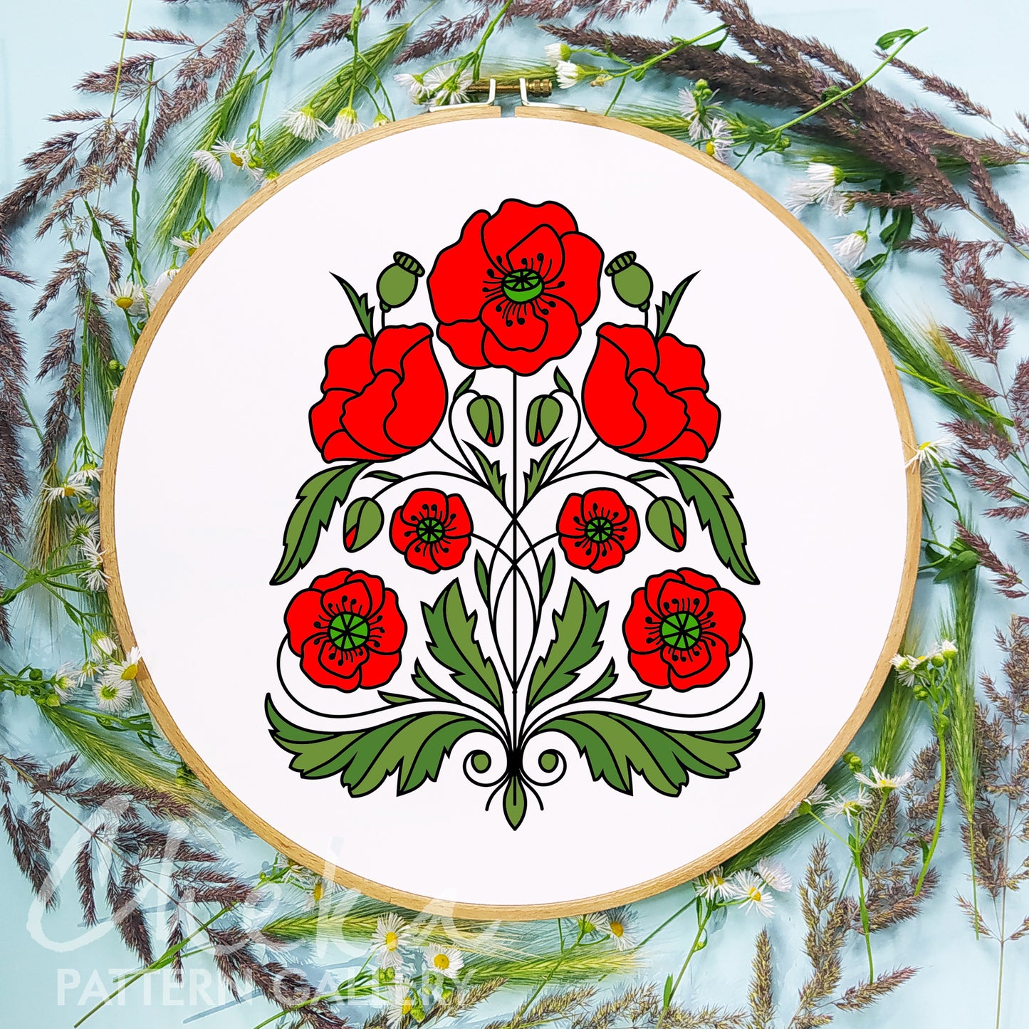 Poppy Embroidery bundle, set of 6 floral hand embroidery patterns. Embroidery patterns with red field poppy, floral embroidery, hoop art