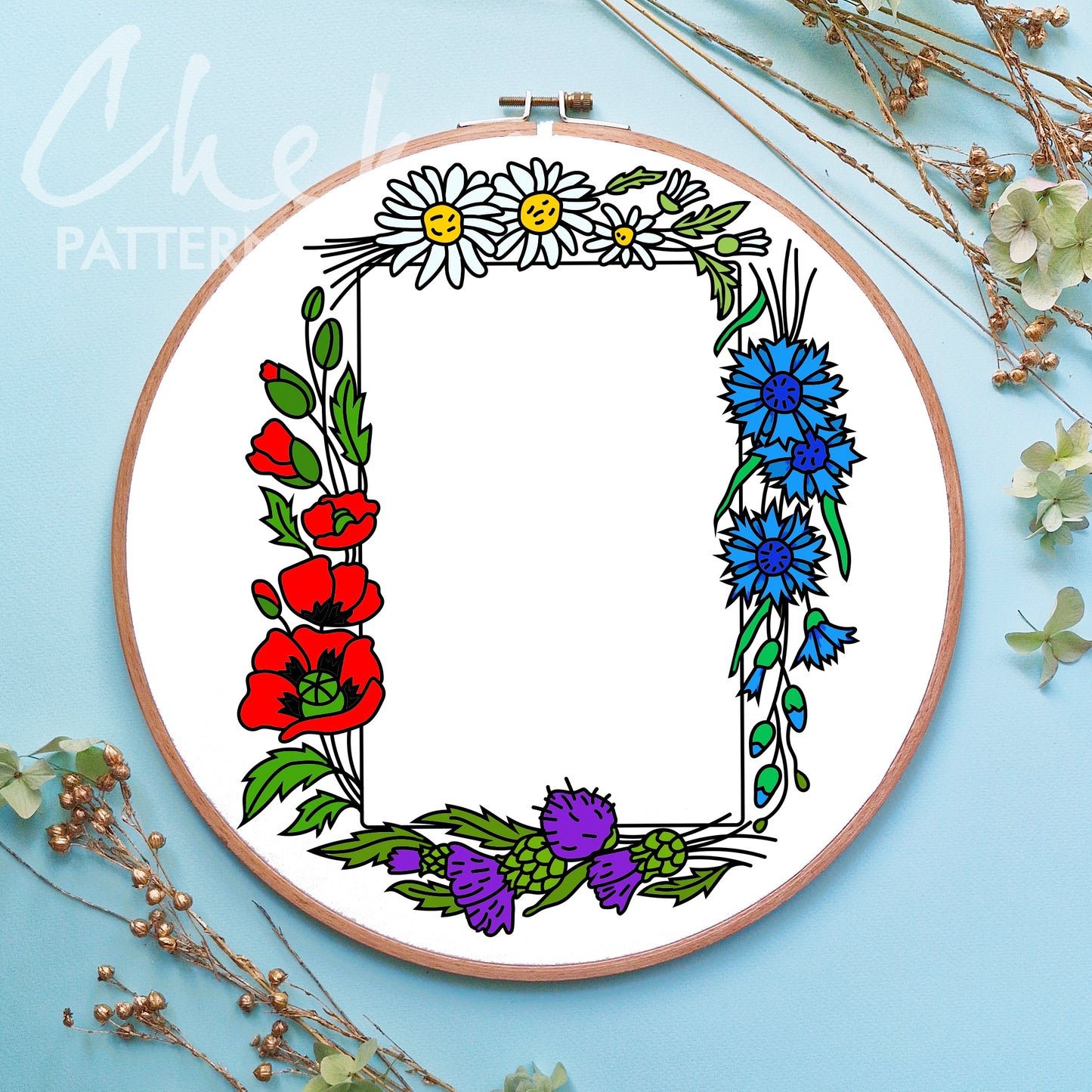 Photo frame pattern, hand embroidery pattern with summer flowers, handmade photo frame, digital embroidery pattern PDF. Nature Embroidery