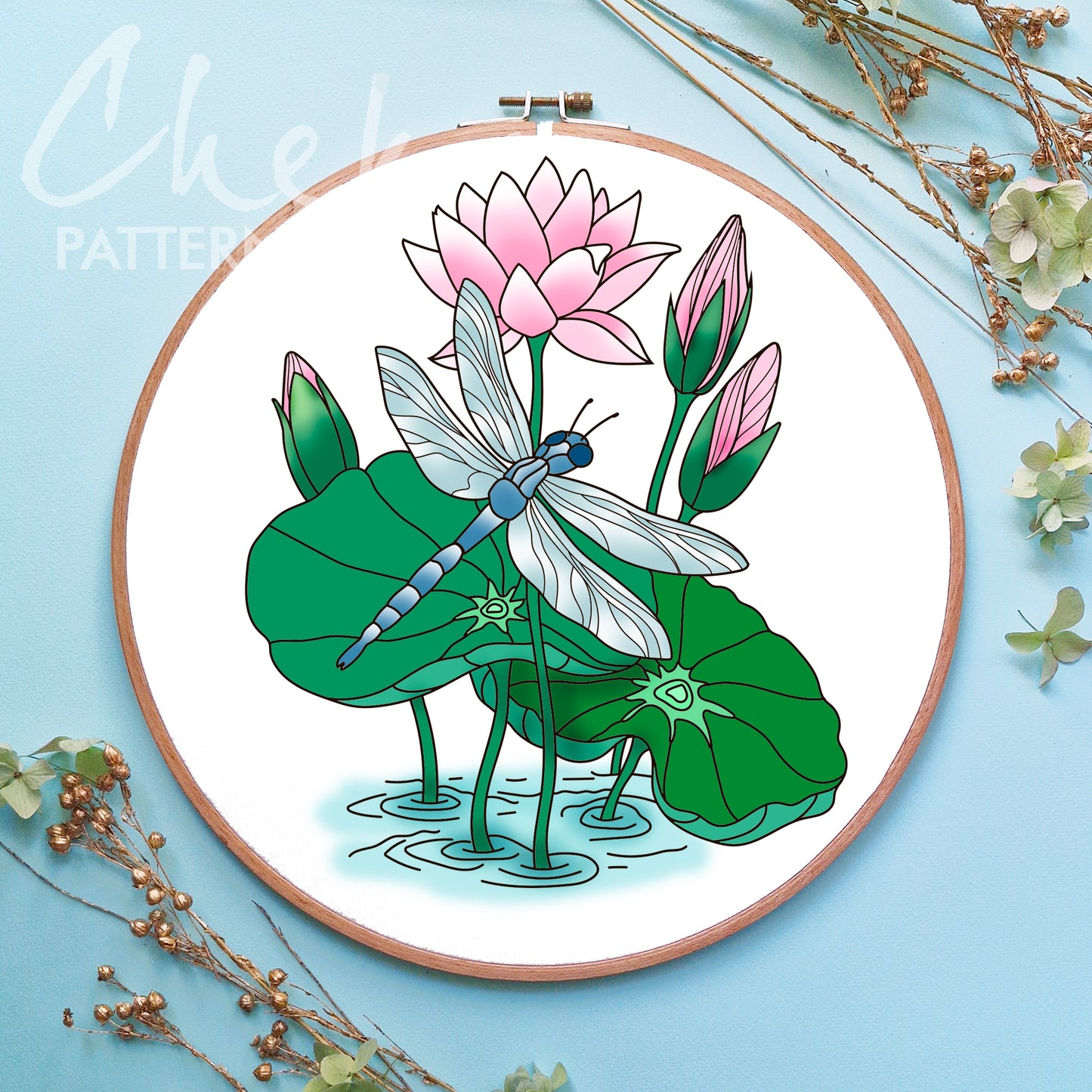 Dragonfly and water lilies, hand embroidery pattern. Pink lilies, hand embroidery design. Blue dragonfly with flowers. Embroidery scheme PDF