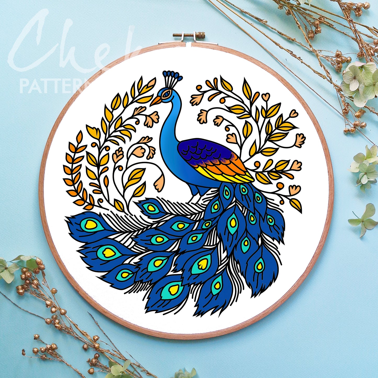 Peacock Hand Embroidery pattern, Beautiful Embroidery Pattern, Embroidery PDF, Peacock feathers, DIY gift, boho hoop art, hand embroidery