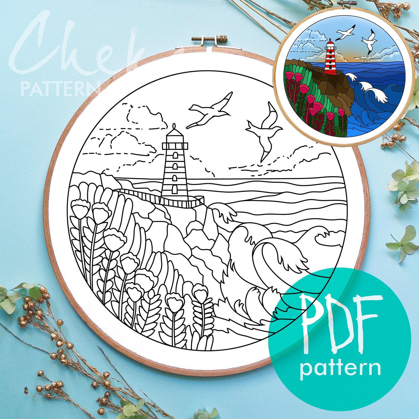 Lighthouse embroidery pattern, pdf embroidery pattern, Modern Sea Art, Home Decor, Summer Landscape, Ocean Waves, Coastal Decor,Summer Craft