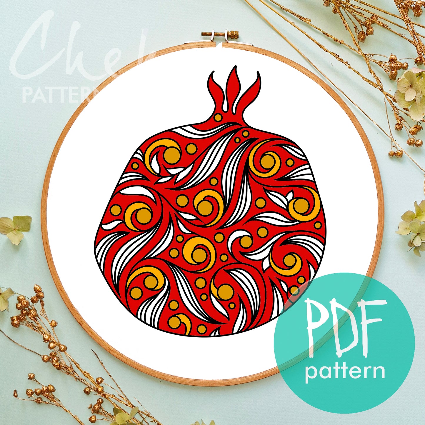 Pomegranate, hand embroidery design. Floral Embroidery, Big pomegranate embroidery pattern, Red Pomegranates embroidery, autumn embroidery
