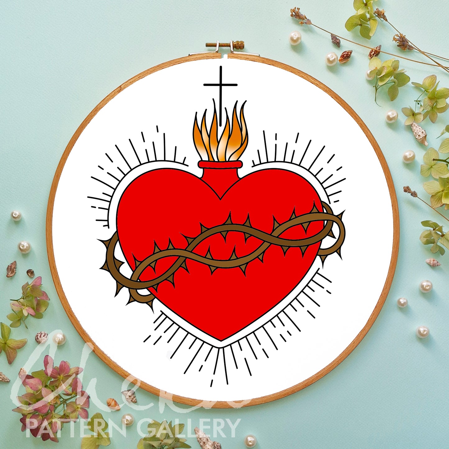 Holy Family Hearts, Sacred Heart Of Jesus pattern, Immaculate, Chaste Heart, Catholic Symbols, Instant Digital Download. Christian Hoop Art