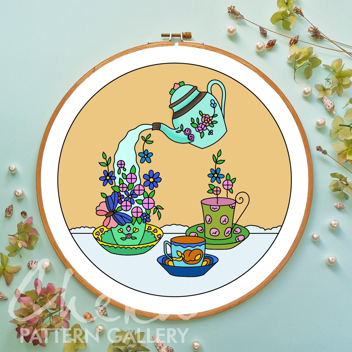 Teapot with flowers, Hand Embroidery Template, Tea ceremony, tea set Embroidery Pattern PDF, Spring Hand Embroidery Pattern, Beginner craft