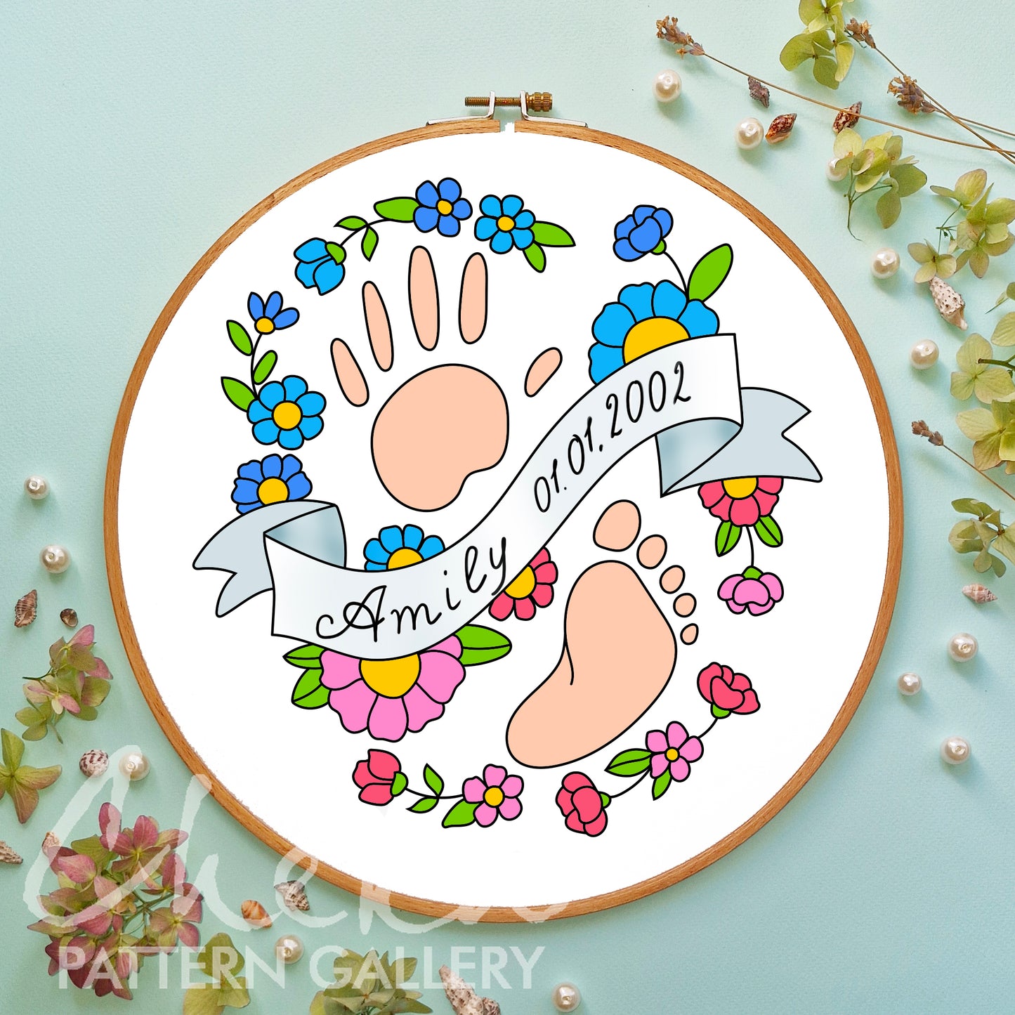Pregnancy hoop art. Baby's feet and hand, embroidery pattern. Baby feet with flowers, newborn gift, Personalized gift for the newborn's mom