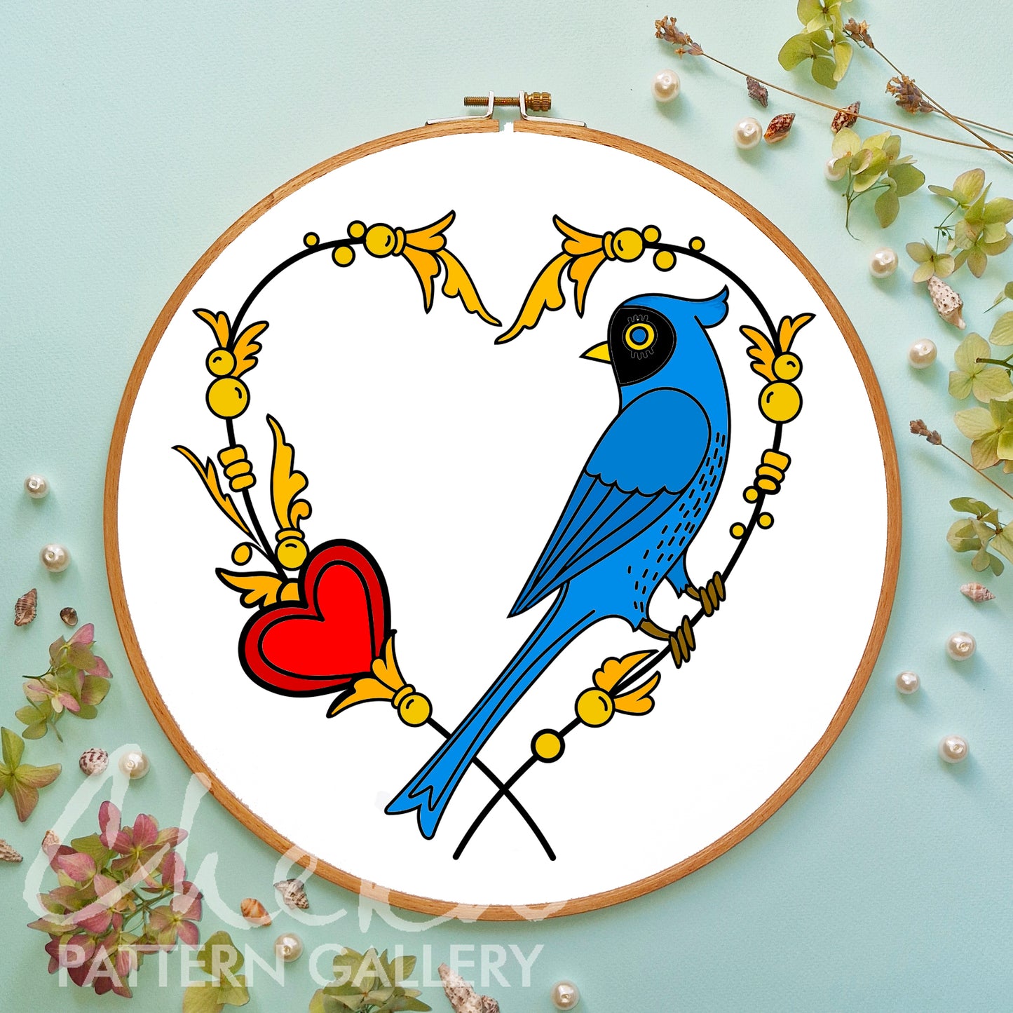 Bird Hand Embroidery pattern, Floral heart, Blue bird embroidery design, Hand Embroidery, St Valentin embroidery pattern, Diy Craft, Hoop Art