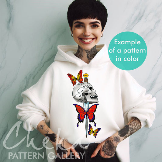 Skull and butterfly Pattern, Gothic embroidery pattern, The Kiss of Death, hand embroidery pattern. Halloween embroidery, Scary embroidery