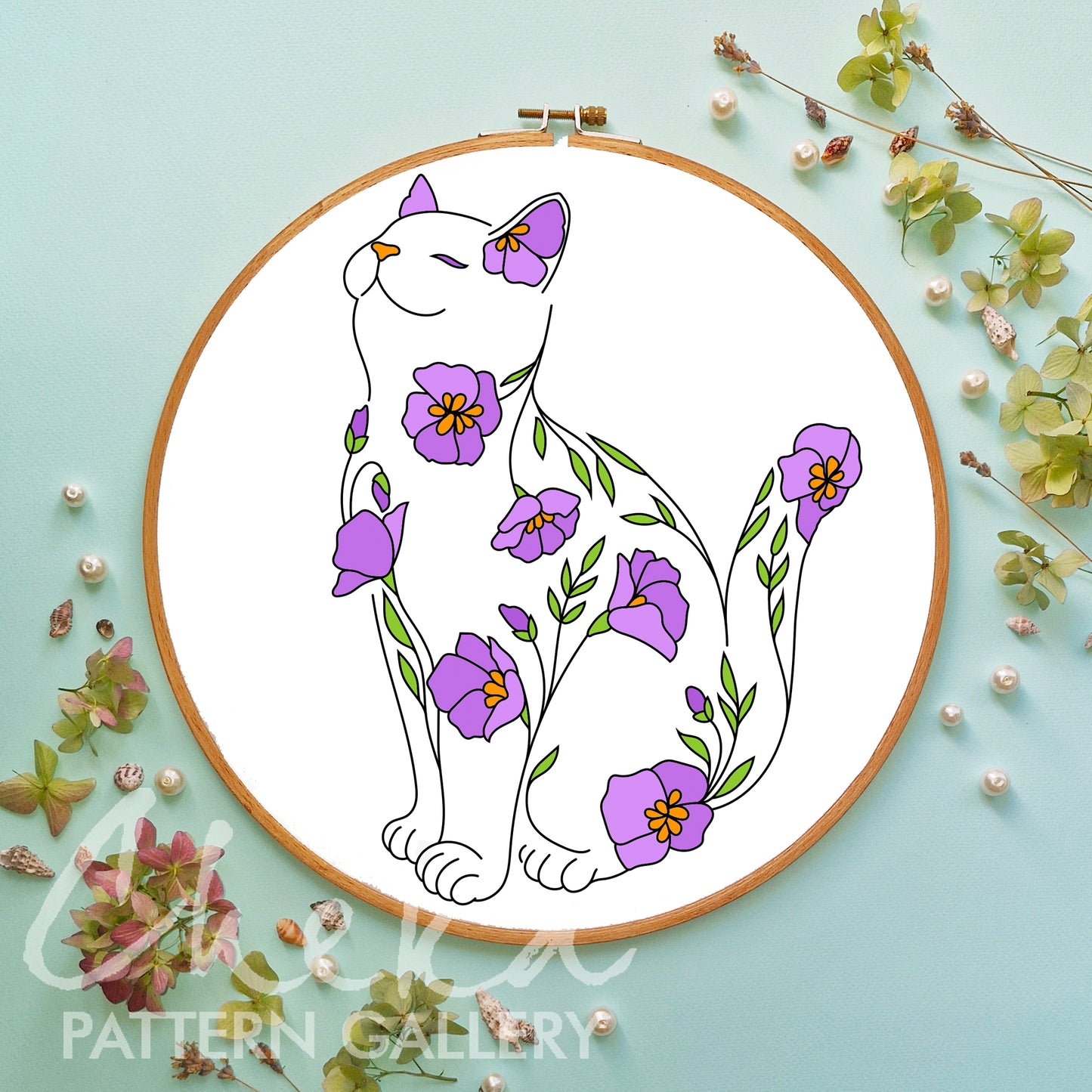 Cat and flowers Hand embroidery pattern, Cat portrait, Embroidery blueprint, Modern Cat Embroidery. Cat lover gift, Beginner embroidery PDF