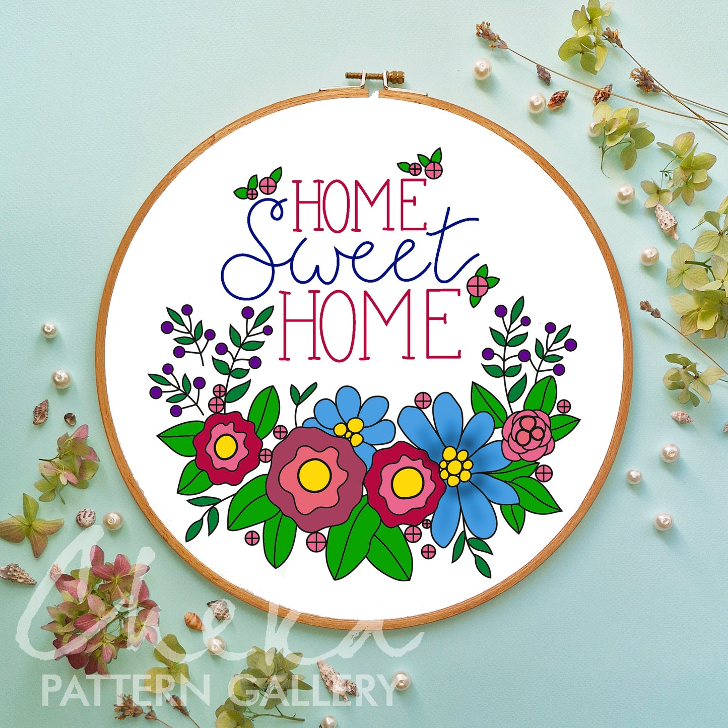 Home sween home, digital embroidery pattern, DIY embroidery project. Pattern for hand embroidery PDF, Simple floral embroidery pattern PDF