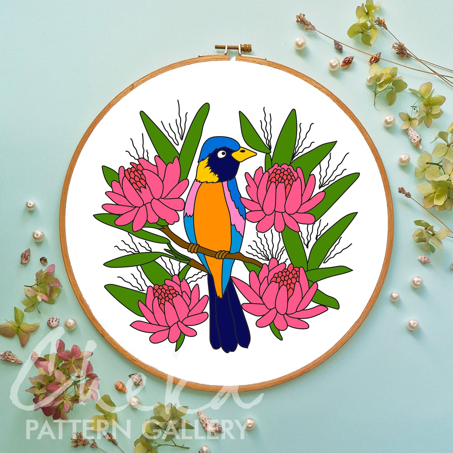 Bird embroidery pattern, Tiny Bird Hand Embroidery Pattern, PDF Download, Floral ornament, Modern Hoop Art. Bird among tropical flowers
