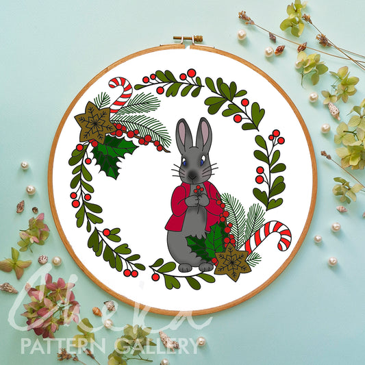 Christmas Bunny embroidery, Cute holiday rabbit, hand embroidery pattern. Holly and mistletoe, Christmas Holly Wreath, Winter DIY project