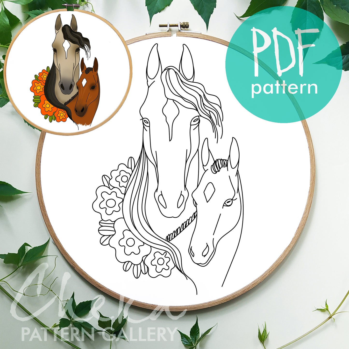 Mare with a foal, hand embroidery pattern. Cute horse portrait. Horse embroidery template. Simple embroidery pattern. Horse digital portrait