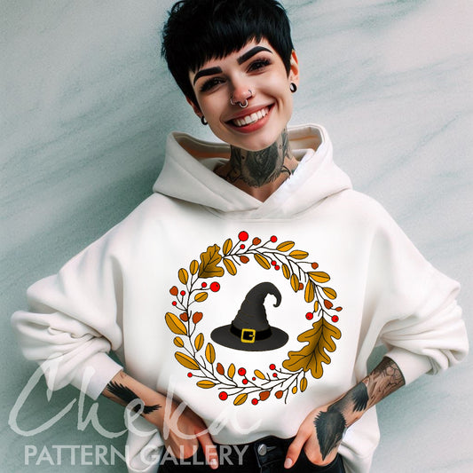 halloween hoodie, Autumn Embroidery Patterns, Fall Halloween Embroidery Pattern. Witch hat pattern, Halloween embroidery. Fall wreath, hand embroidery pattern