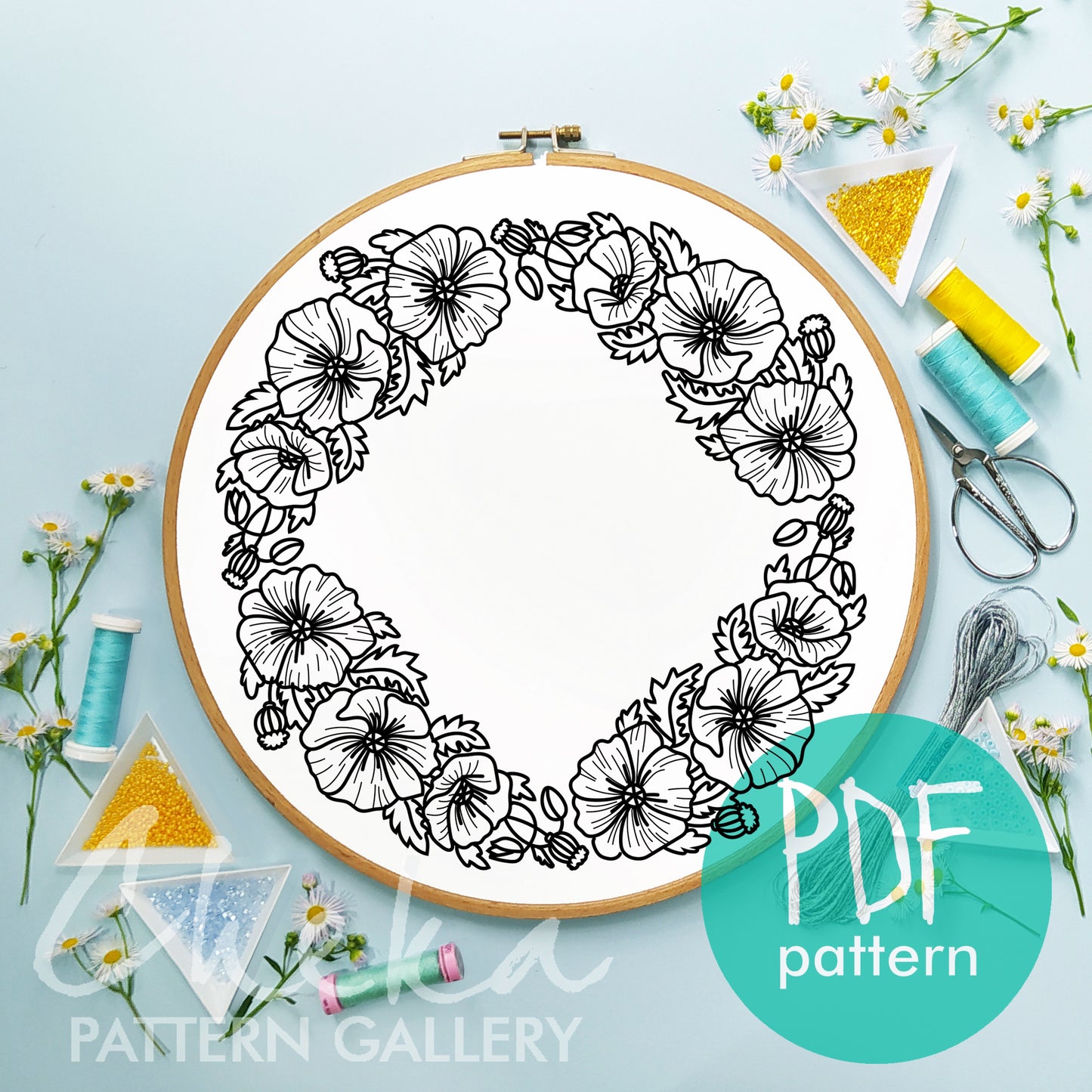 Poppy Embroidery bundle, set of 6 floral hand embroidery patterns. Embroidery patterns with red field poppy, floral embroidery, hoop art