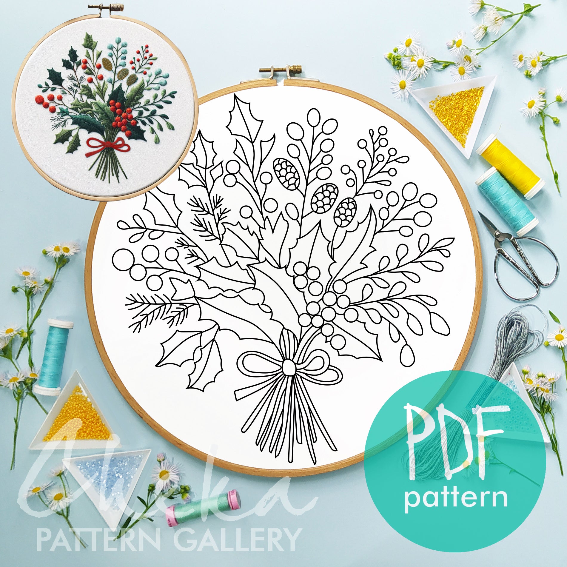 holly-and-mistletoe-christmas-hand-embroidery-pattern-holly-bouquet-cheka-pattern-gallery for Free Printable Christmas Embroidery Patterns Holly and mistletoe, Christmas hand embroidery pattern. Holly Bouquet, – Cheka Pattern Gallery for Free Printable Christmas Embroidery Patterns