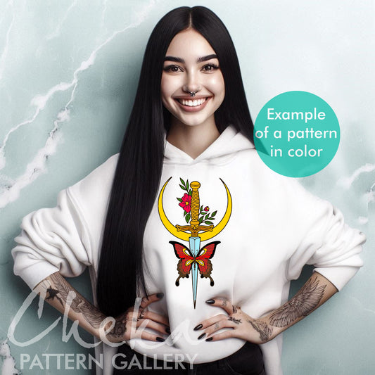 Gothic embroidery, dagger and butterfly. A pattern for hand embroidery with a dagger and a butterfly. Halloween embroidery, scary embroidery, woman gothic hoodie