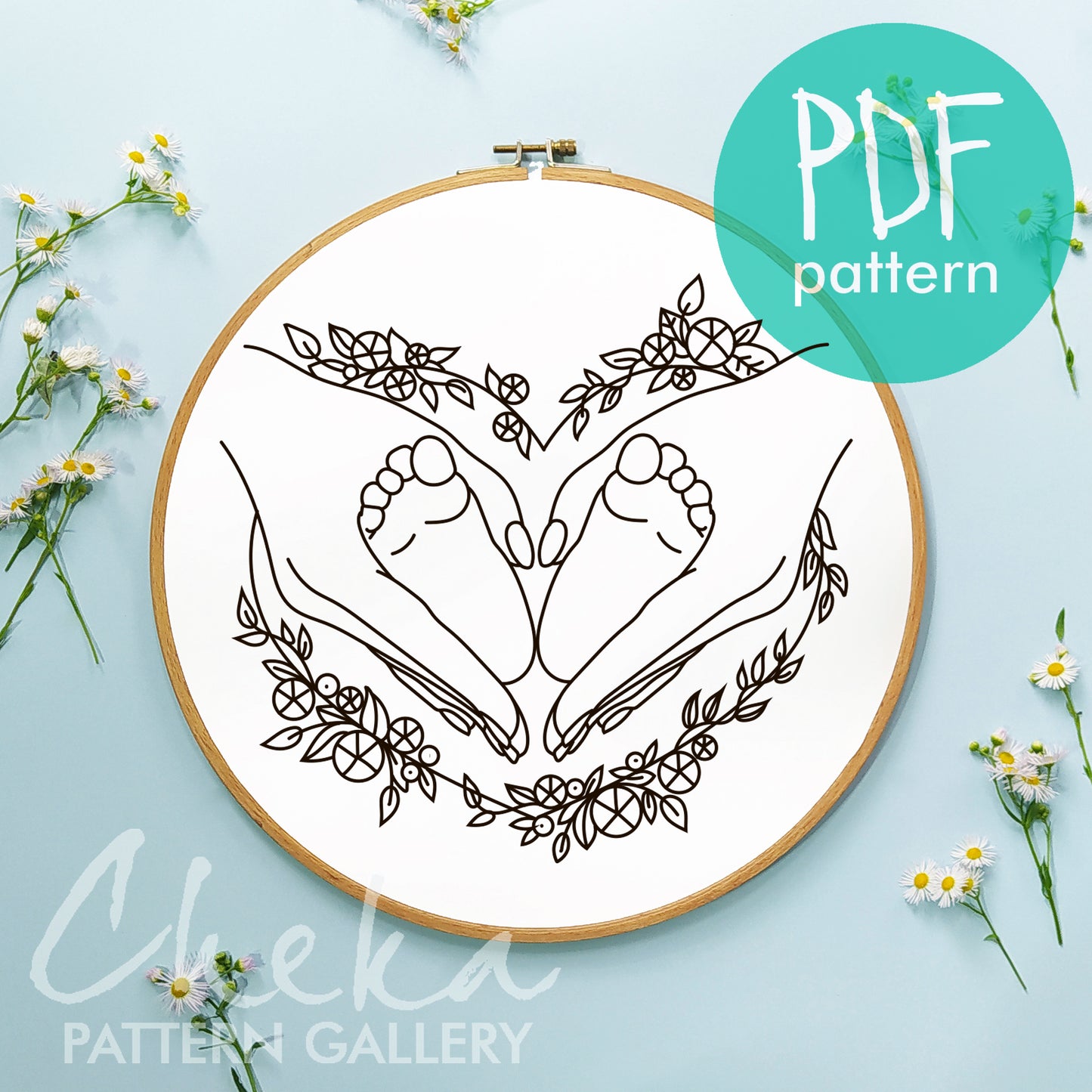Pregnancy hoop art, a pattern for hand embroidery with baby's feet. Baby's feet, beautiful pattern for hand embroidery. Baby heart pattern