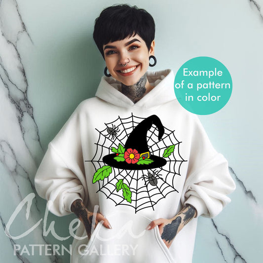 woman halloween hoodie, Witch's hat embroidery pattern. Autumn embroidery, Halloween decor. Witch pattern, Halloween pattern. A magic hat with flowers and cobwebs