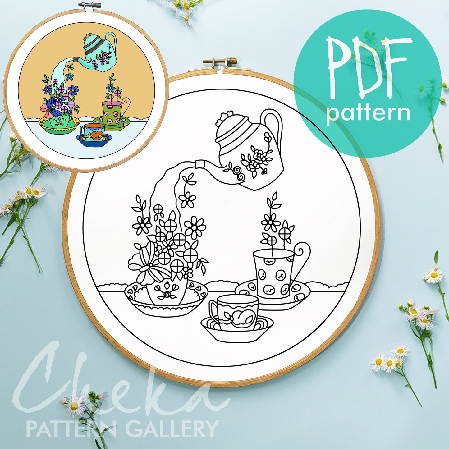 Teapot with flowers, Hand Embroidery Template, Tea ceremony, tea set Embroidery Pattern PDF, Spring Hand Embroidery Pattern, Beginner craft