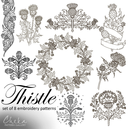 Thistle Embroidery bundle, set of 8 floral hand embroidery designes. Embroidery patterns with thistle. Traditional Scottish Crest, Hoop Art