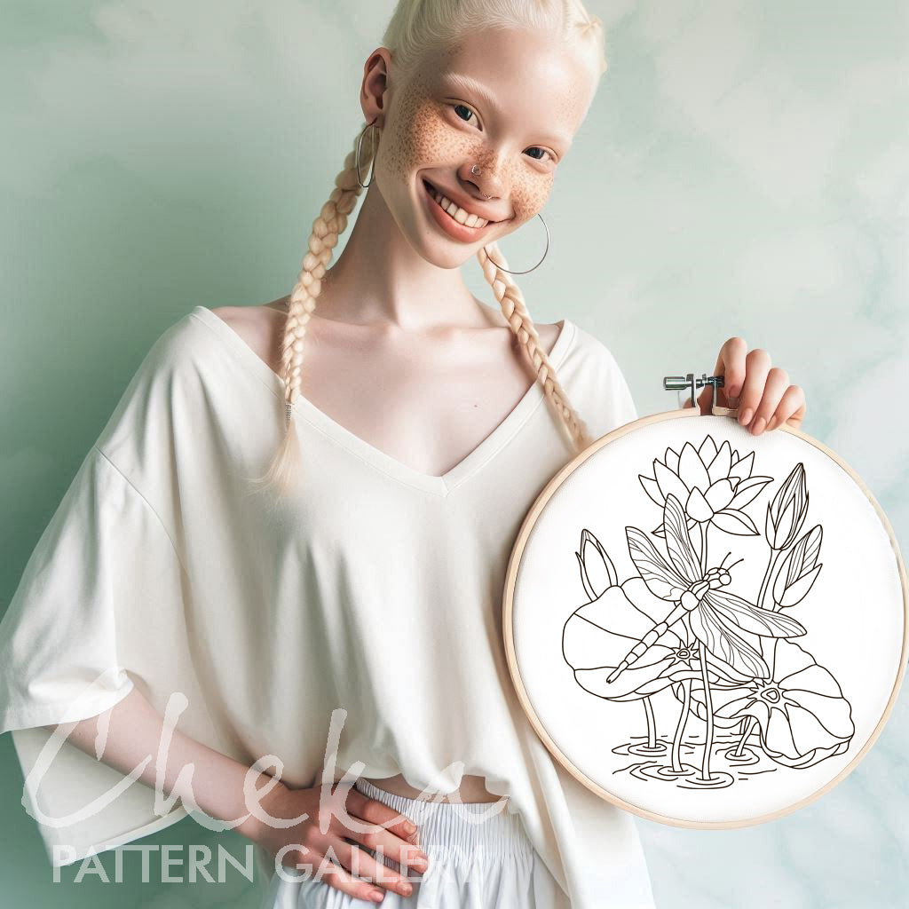 Dragonfly and water lilies, hand embroidery pattern. Pink lilies, hand embroidery design. Blue dragonfly with flowers. Embroidery scheme PDF