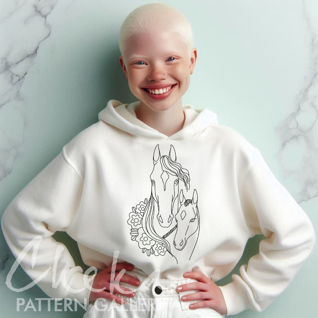Mare with a foal, hand embroidery pattern. Cute horse portrait. Horse embroidery template. Simple embroidery pattern. Horse digital portrait