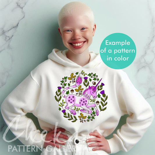 Scottish unicorn, Unicorn embroidery, Horse Embroidery Pattern, Fantasy, Floral Design, Magical embroidery, The national animal of Scotland